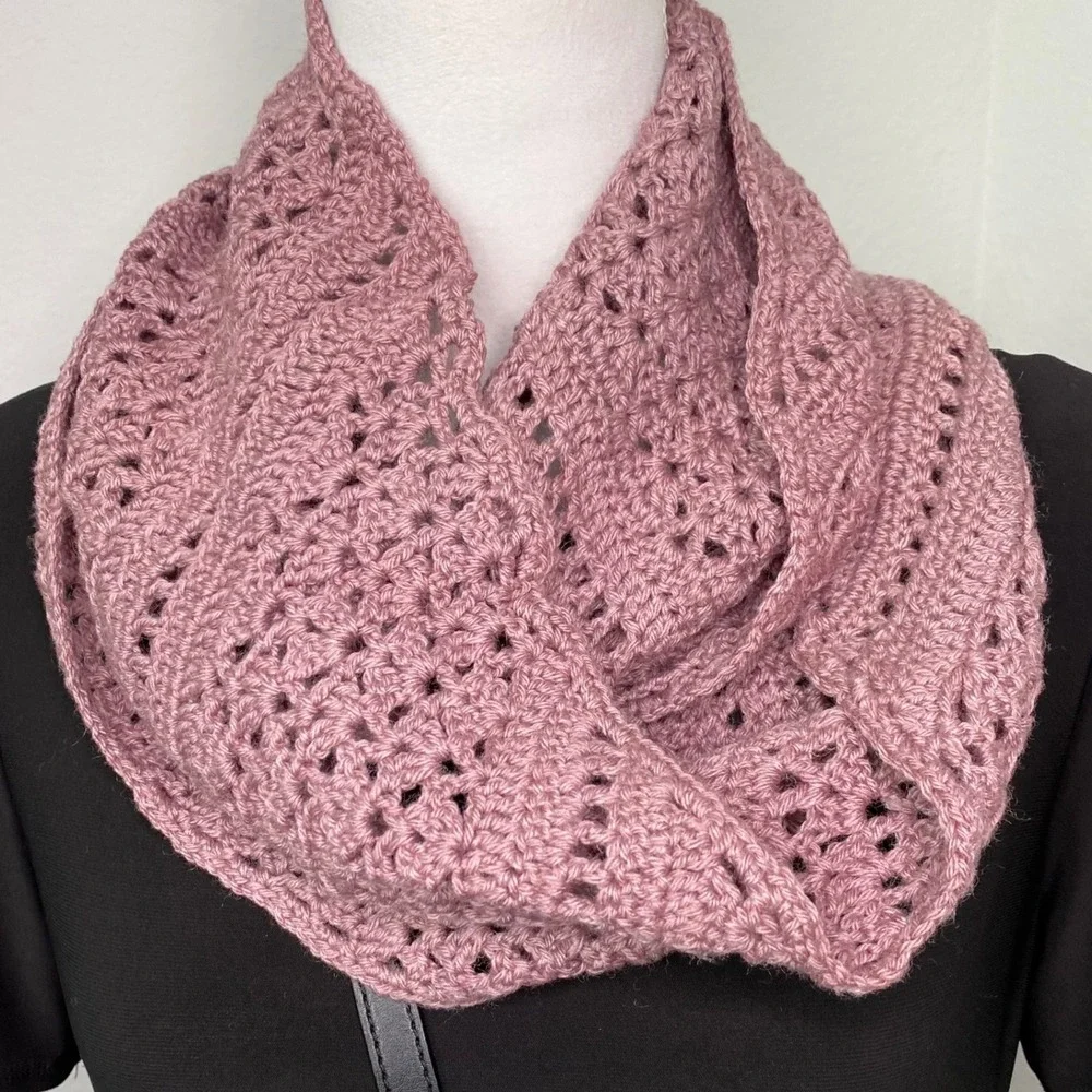 Handmade Crochet Infinity Scarf Mauve Pink Open Weave Cozy Winter Accessory